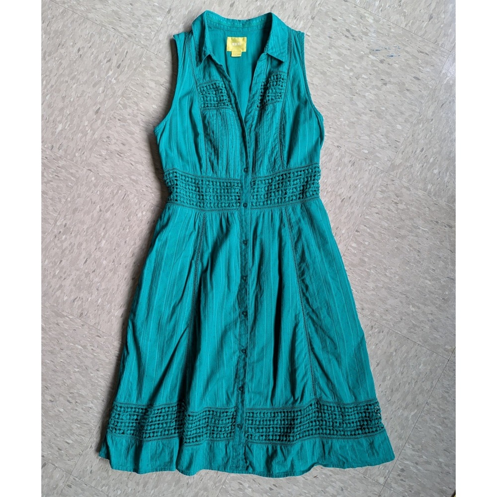Maeve Anthropologie Teal Green Crochet Cotton Sun Dress Sleeveless Pockets 8